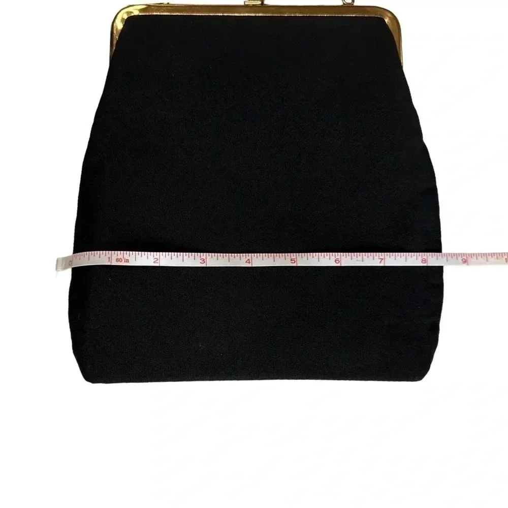 Vintage Handbag and Gloves Set OS Black Velvet‎ Gold Chain Kiss Lock Embroidered